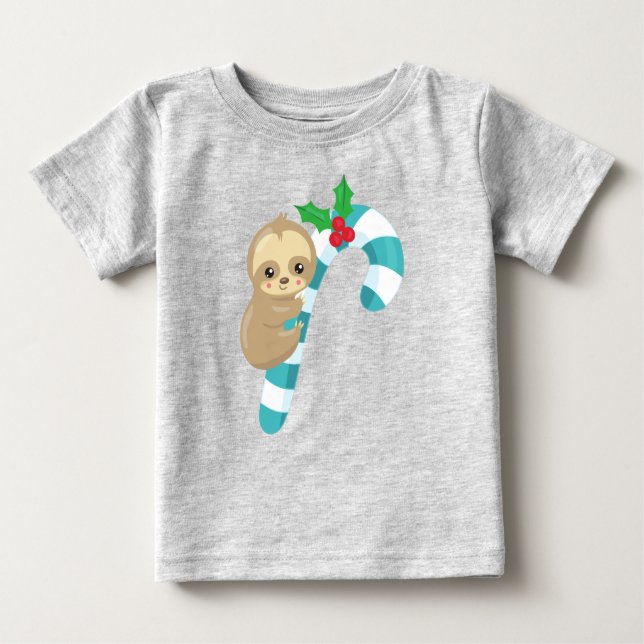 Julslott, Cute Sloth, Candy cane, Mistletoe T Shirt (Framsida)