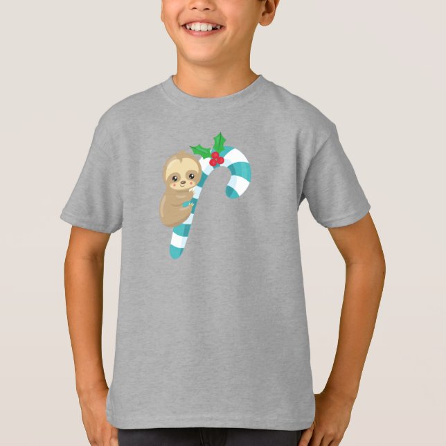 Julslott, Cute Sloth, Candy cane, Mistletoe T Shirt (Framsida)