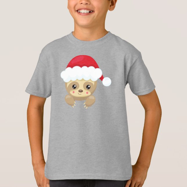 Julslott, Cute Sloth, Santa Hat, Julafton T Shirt (Framsida)