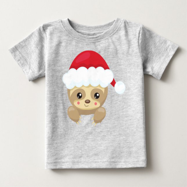 Julslott, Cute Sloth, Santa Hat, Julafton T Shirt (Framsida)