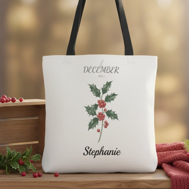 Julslyrja födelsedagsblomma December Tygkasse (December birth month flower holly birthday tote bag)