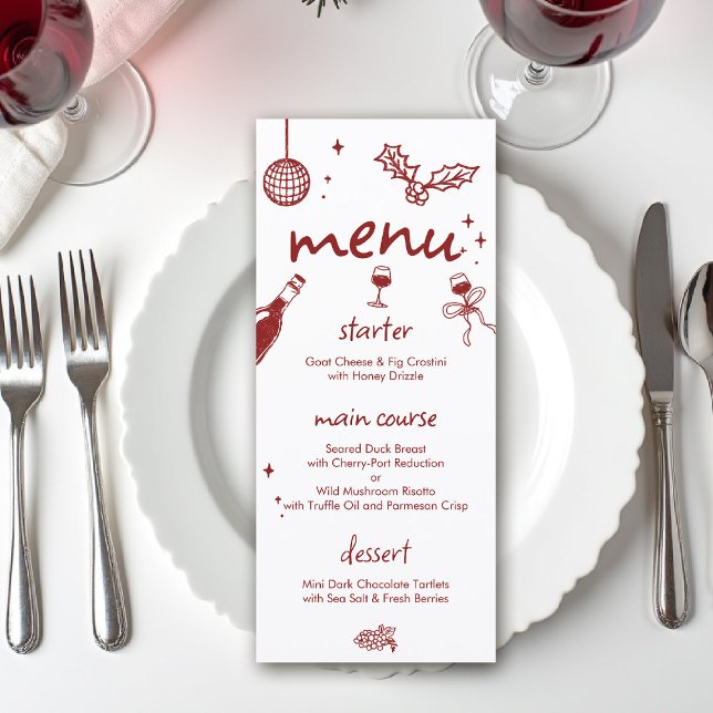Julsmaksfirande Vinterfest Handritad Meny (wine tasting holiday party drinks hand drawn menu winery charcuterie friendsmas christmas santa)