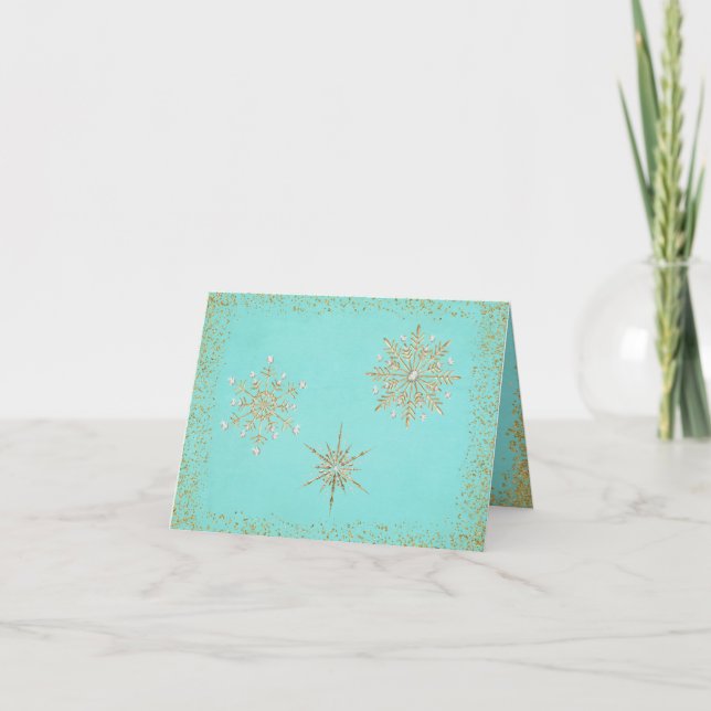 Julsnöflingor Aqua & guld Helgkort (Framsida)