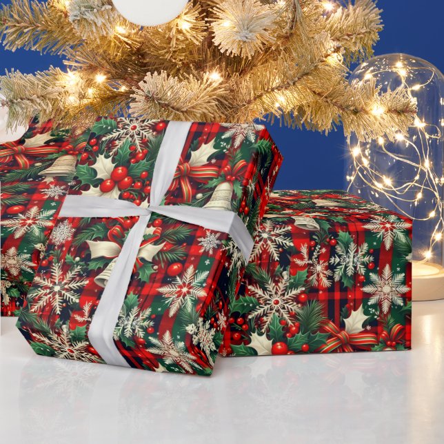 Julsnöflingor Järnekvist över rött tartanmönster Presentpapper (Helgdagar)
