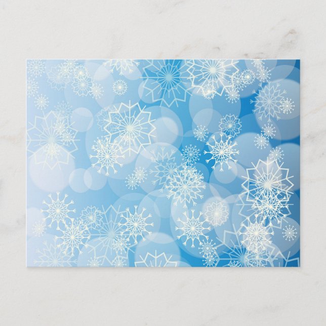 Julsnöflingor på en blå bakgrund helg vykort (Framsida)