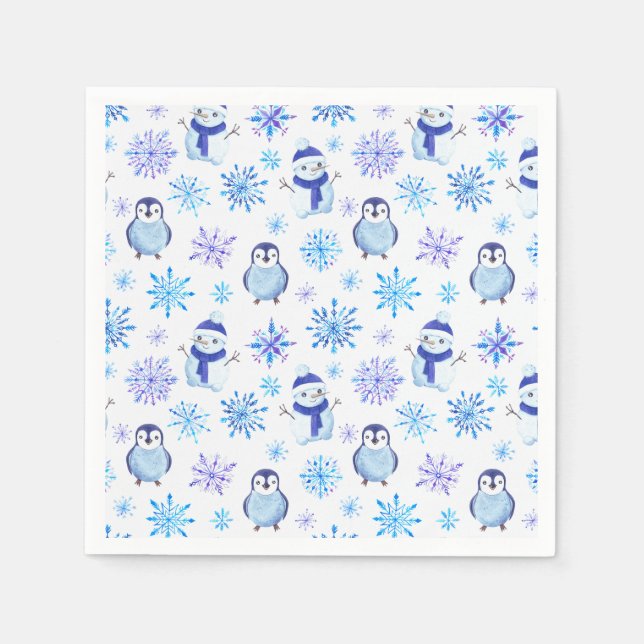 Julsnöflingor, snömän och pingviner pappersservett (Framsidan)