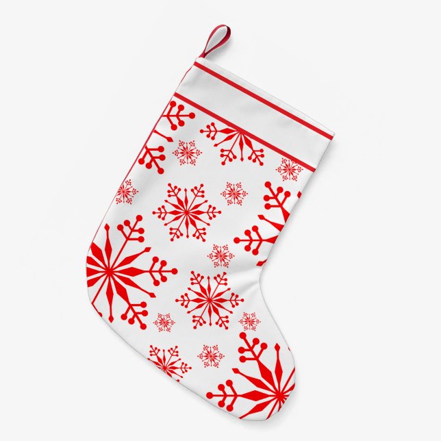 Julsnöflummel Stocking in Red and White. Liten Julstrumpa (Framsidan (Hängande))