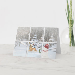 Julsnögubbe med hjort i fönsterruta helgkort