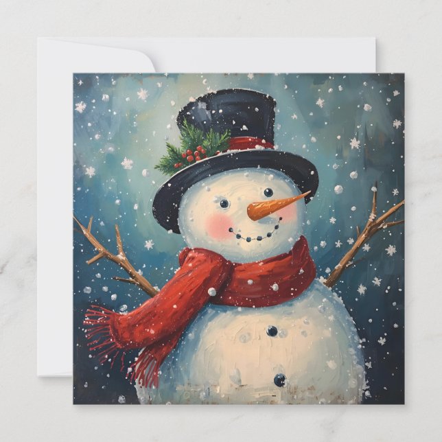 Julsnömannen med vintagehatt och halsduk  julkort (Framsida)
