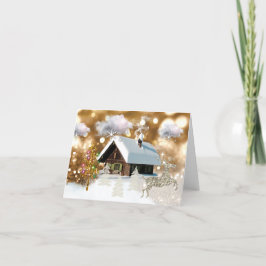 Julsnöstuga guld- Bokeh Helgkort