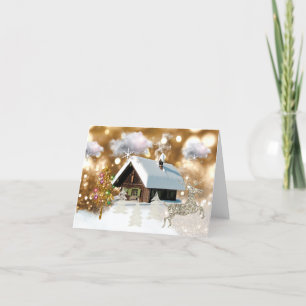 Julsnöstuga guld- Bokeh Helgkort