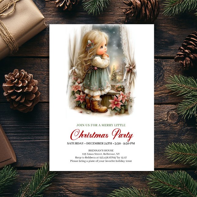 Julsoaré Inbjudan Söt Flicka Högtidsscen (Christmas Soirée Invitation Cute Girl Holiday Scene)
