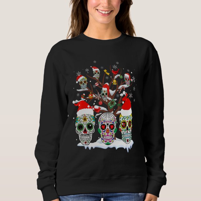Julsocker Skull på Träd Santa Sugar Skull T Shirt (Framsida)