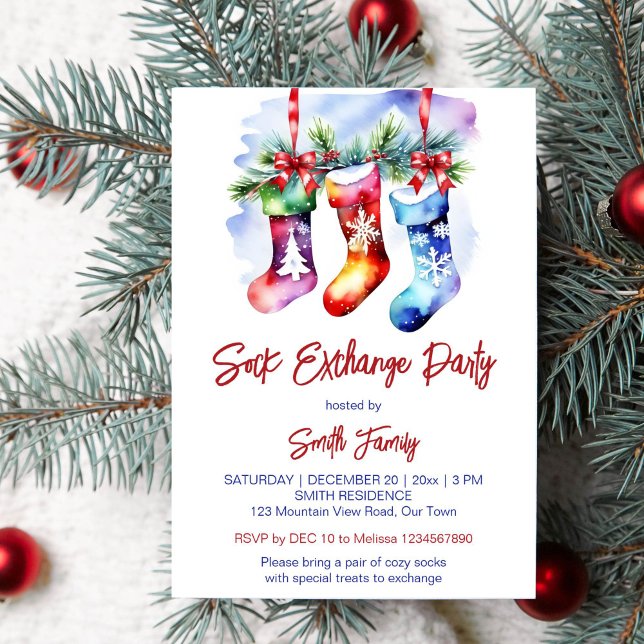 Julsockerbänk, party mall (Christmas sock exchange party template invitation instant download colorful socks on snowy fir tree)