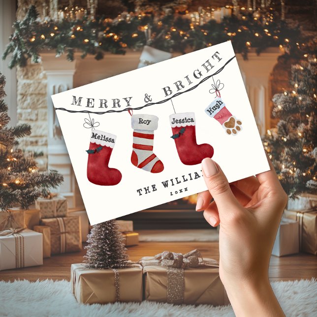 Julsockor Familj Namn Pet Owners Non Photo Julkort (Christmas socks Family Name and Pet Name Non Photo holiday Card)