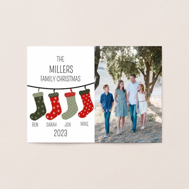 Julsockor som familj med fyra folierat kort (Insida)