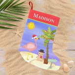 Julsommar Flamingo Beach Personlig Namn Liten Julstrumpa<br><div class="desc">Den här designen har en söt sommarstrandscen med en festlig tropisk flamingo som bär en julhatt, jul ljus på en handflatan träd och sandy snögubbe på stranden. Perfekt för dem som firar en tropisk jul eller sommarjul #jul #merry #merrychristmas #Julafton #sumretristmas #tropicalchristmas #flamingo #beachchristmas #string #tropical #helgdagars #gifts #presenter #säsong...</div>