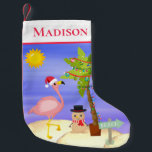 Julsommar Flamingo Beach Personlig Namn Liten Julstrumpa<br><div class="desc">Den här designen har en söt sommarstrandscen med en festlig tropisk flamingo som bär en julhatt, jul ljus på en handflatan träd och sandy snögubbe på stranden. Perfekt för dem som firar en tropisk jul eller sommarjul #jul #merry #merrychristmas #Julafton #sumretristmas #tropicalchristmas #flamingo #beachchristmas #string #tropical #helgdagars #gifts #presenter #säsong...</div>