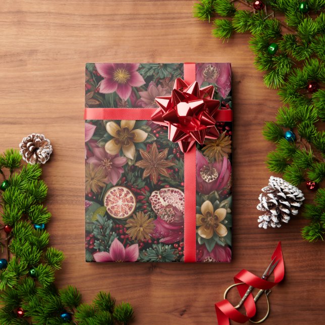 Julspice och blomster Botaniskt Mönster Presentpapper (Julgåva)