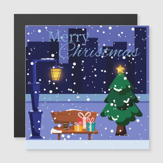 Julstadsbild med gatlykta, träd och gåva (Fram/baksida)