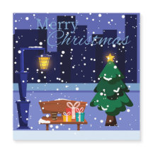 Julstadsbild med gatlykta, träd och gåva