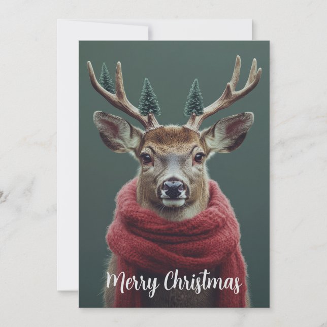 Julstämda hjortar med röd halsduk julkonst julkort (Framsida)