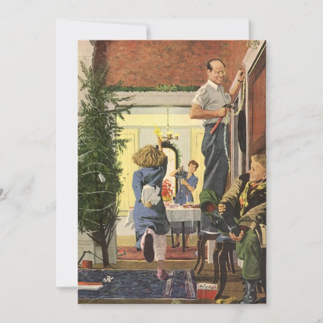 Julstämning, familjen dekorerar huset julkort (Framsida)