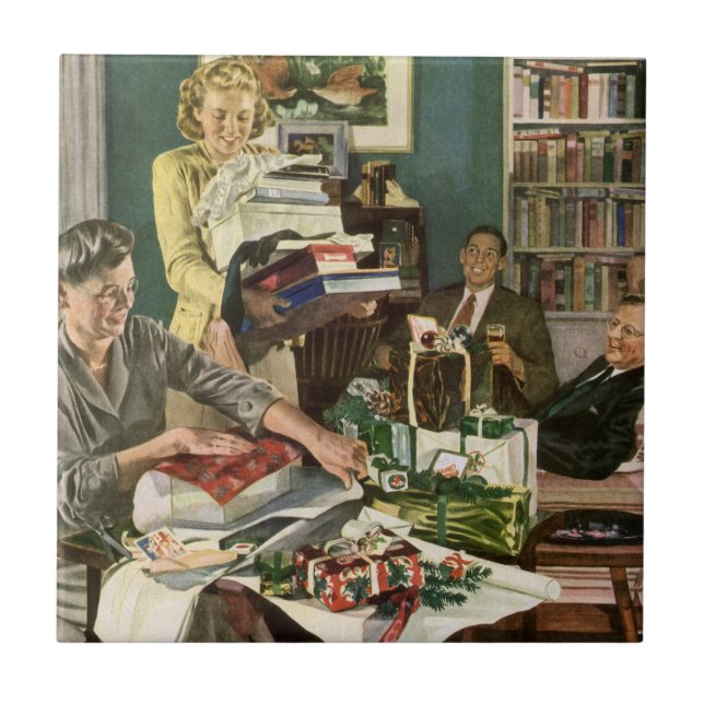 Julstämning, Glad familj som paketerar julklappar Kakelplatta (Framsidan)
