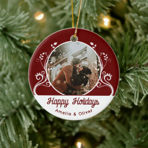 Julstämning Glad Jul Foliage Rött Par Foto Julgransprydnad Keramik
