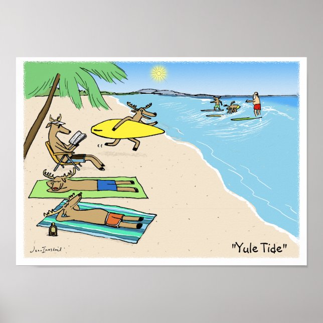 "Julstämning" - Julenisse och renar på beachsemest Poster (Framsidan)