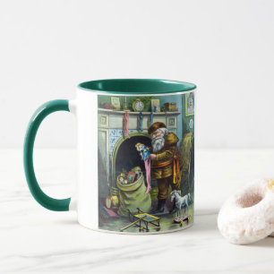 Julstämning, jultomte, julstrumpor med presenter mugg
