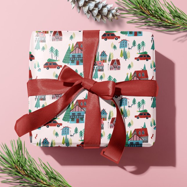 Julstämning Körsbärsträd By Pink Retro Bil Presentpapper (Festive Christmas Car Tree Village Pink Retro Car Wrapping Paper)