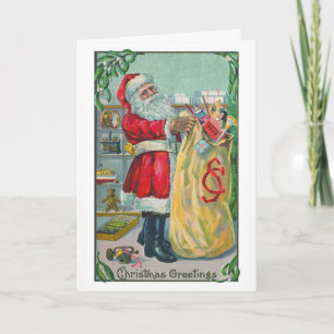 Julstämning med gammaldags julfarbror och leksaker helgkort