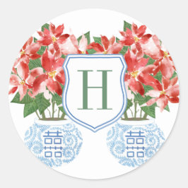 Julstämning med röd poinsettia-monogram julhelg runt klistermärke