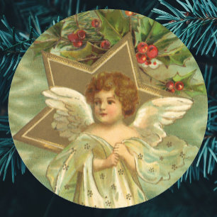 Julstämning, viktoriansk ängel med guldstjärnor runt klistermärke