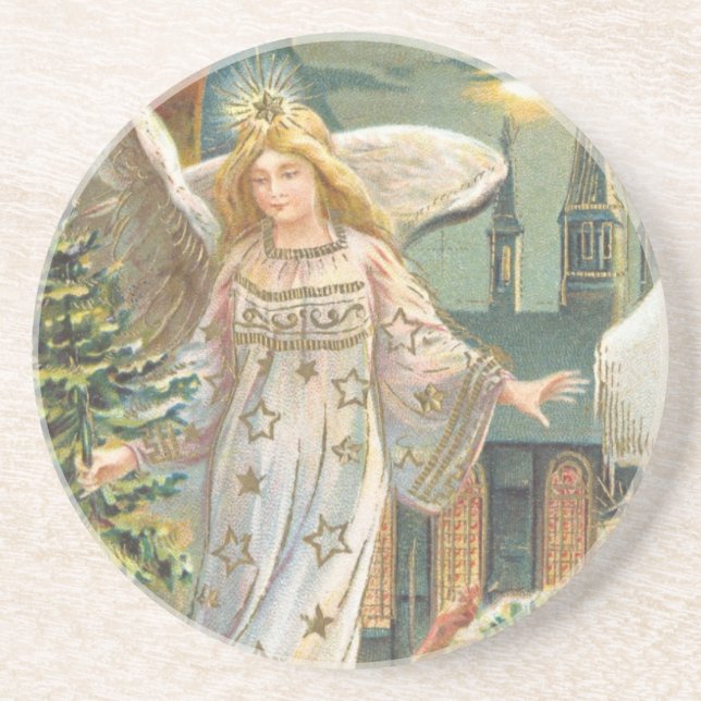 Julstämning, viktoriansk ängel med julgran underlägg sandsten (Framsidan)