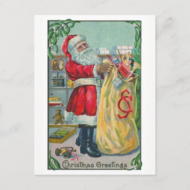 Julstämning, viktoriansk jultomte med leksaker helg vykort (Framsida)