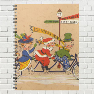 Julstämning, viktoriansk jultomte på cykel anteckningsbok med spiral