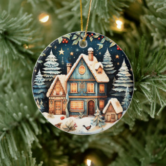 Julstämning, vintage julscen, julgransprydnad keramik