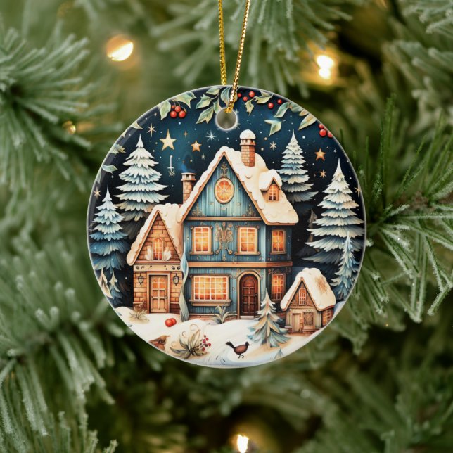Julstämning, vintage julscen, julgransprydnad keramik (Träd)