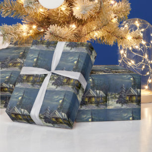 Julstämning, vinterkyrka i snö med måne presentpapper