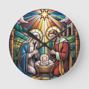 Julstänkglas Konst – Heliga Familjen Jul Rund Klocka