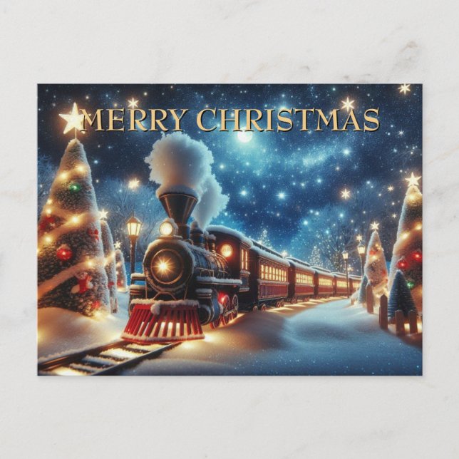 Julstationen under månbelyst stjärnhimmel helg vykort (Framsida)