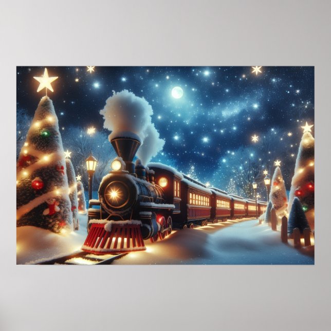 Julstationen under månbelyst stjärnhimmel poster (Framsidan)