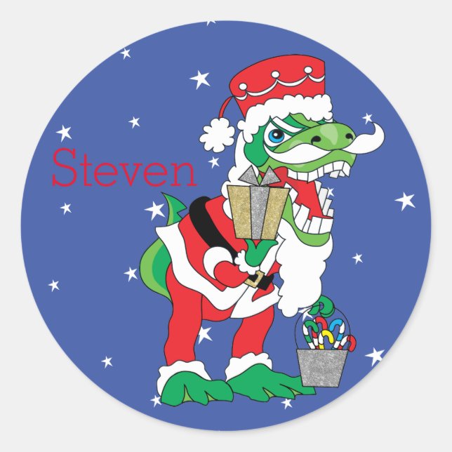 Julstickers TySANTAsaurus Rex Personalize Runt Klistermärke (Framsida)