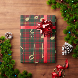 Julstilig röd rutmönster och gyllene notbild jul presentpapper