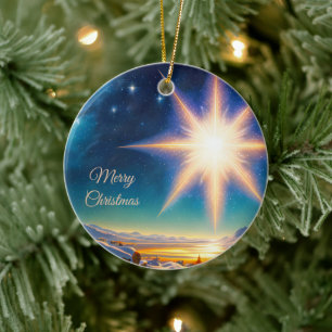 Julstjärna, charmerande vinterlandskap på natten julgransprydnad keramik