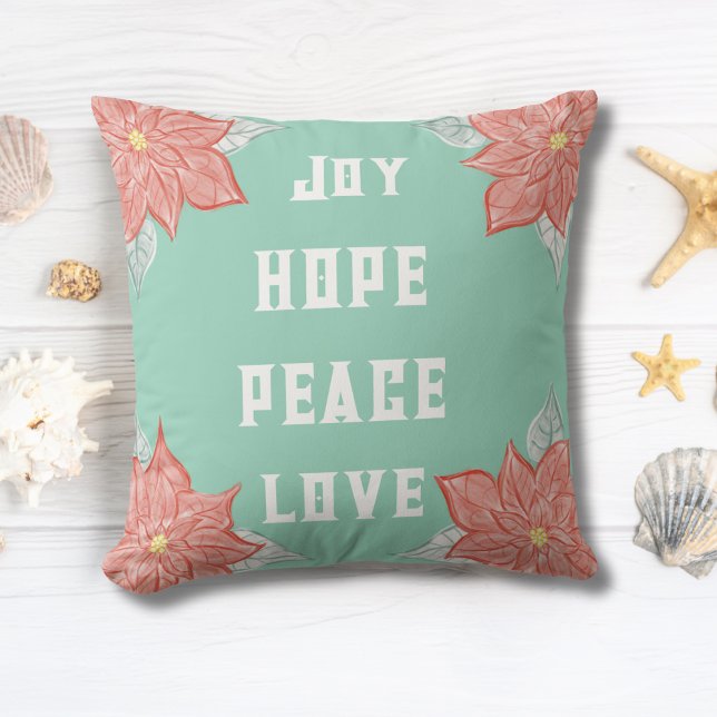 Julstjärna Glädje Hopp Fred Kärlek Kudde (Love the pastel colors in this Inspirational Original Poinsettia Art Pillow. Cheerful and Boho Chic!)