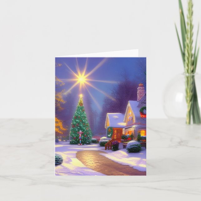 Julstjärna som lyser över en julgran i bakgrunden kort (Framsida)