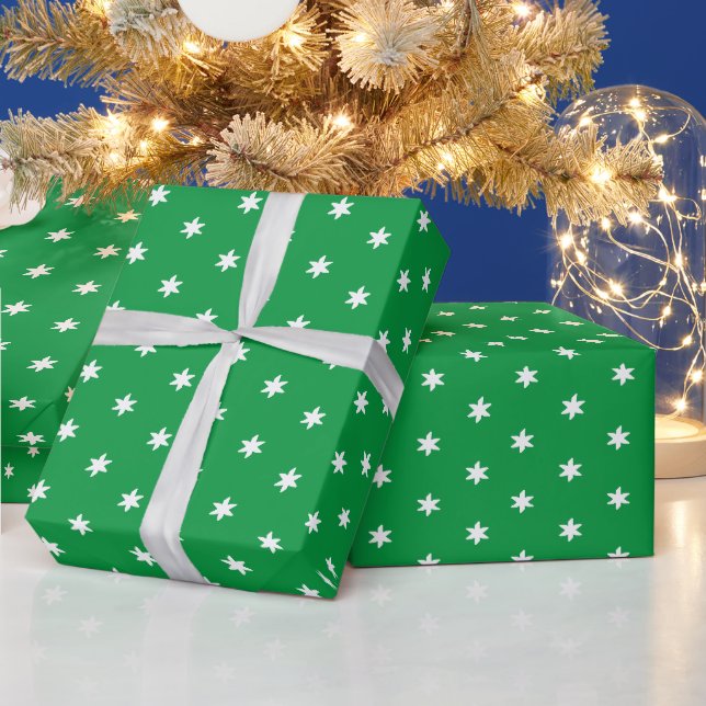 Julstjärnor grönt och vita snöflingor stjärnor mön presentpapper (Helgdagar)
